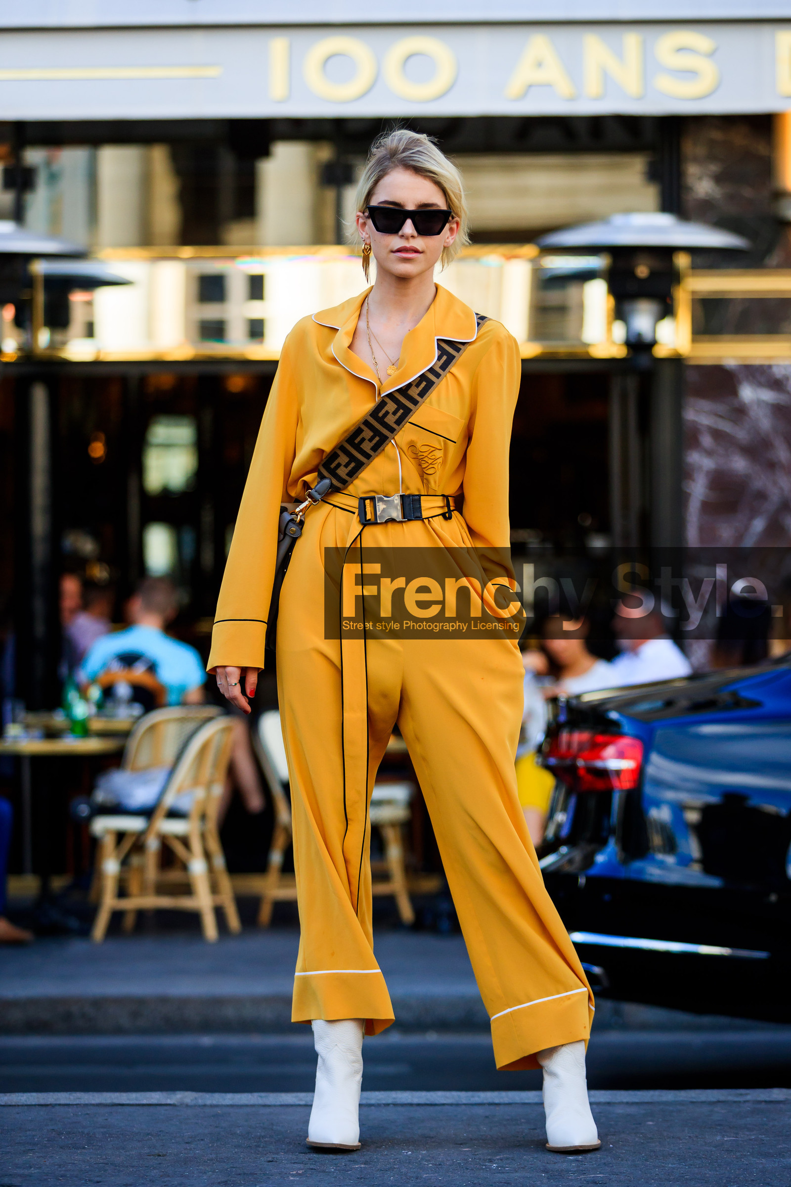 black bag, fendi, high heels, leather bag, leather shoes, monogram, sunglasses, trousers, white boots, yellow belt, yellow jumpsuit, PFW, fashion week, frenchystyle, FW, jonathan paciullo, street style, PARIS, vertical, full length, AUTUMN WINTER 2018-2019, FALL WINTER 2018-2019, FW 18-19, caro daur