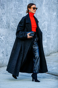 black bag, black coat, black pants, black shoes, bulgari, earrings, high heels, leather bag, leather pants, leather shoes, lena lademann, red sweater, sunglasses, trousers, fashion week, frenchystyle, FW, jonathan paciullo, street style, MFW, MILAN, AUTUMN WINTER 2019-2020, AW 19-20, FALL WINTER 2019-2020, FW 19-20, vertical, full length