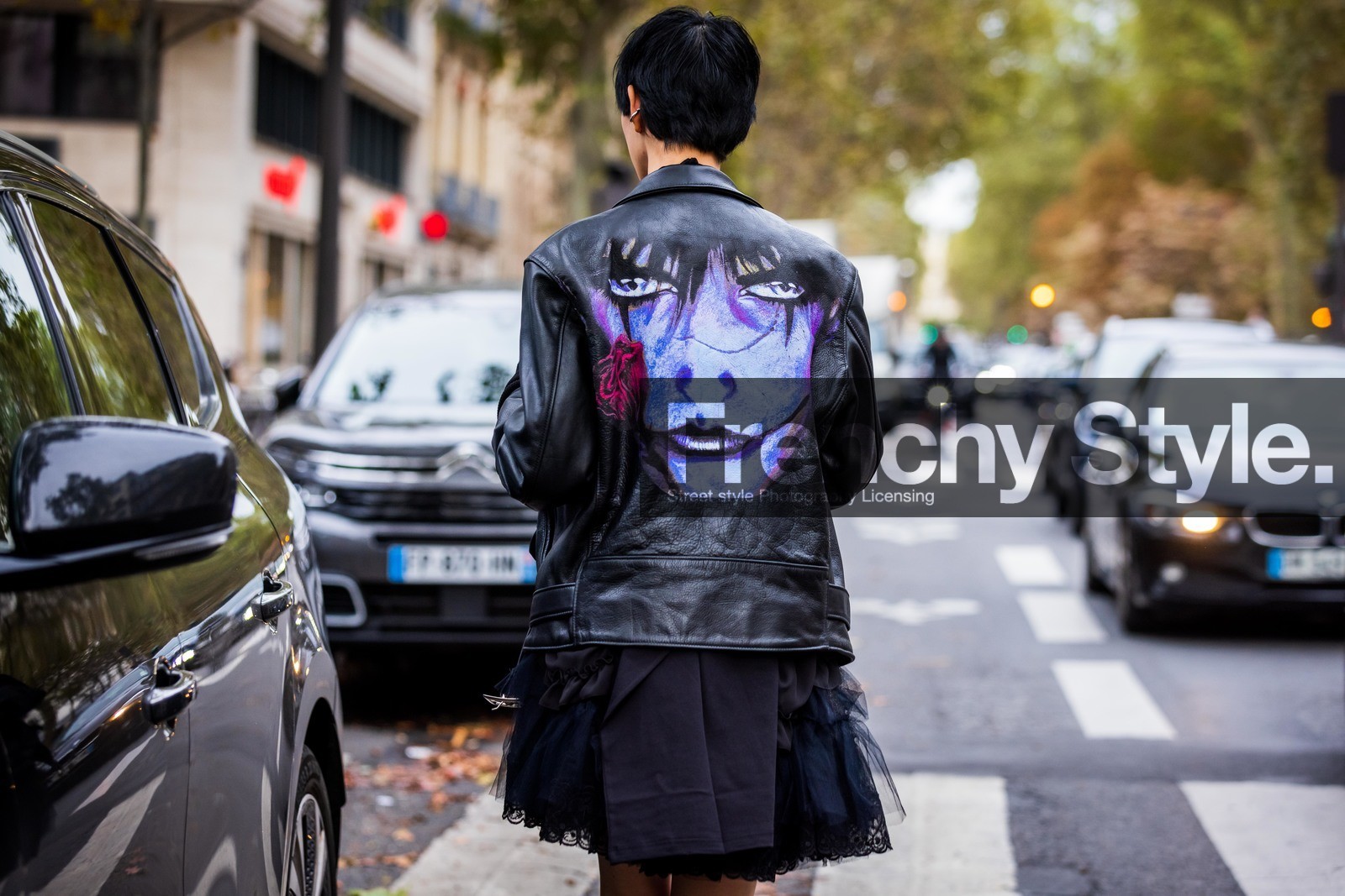 back, black perfecto, face print, lace skirt, leather perfecto, mini skirt, monochrome, perfecto, print, printed jacket, ruffles, skirt, Sora Choi, tulle skirt, fashion week, frenchystyle, FW, jonathan paciullo, street style, PFW, PARIS, SPRING SUMMER 2022, SS 22, atmosphere details, horizontal