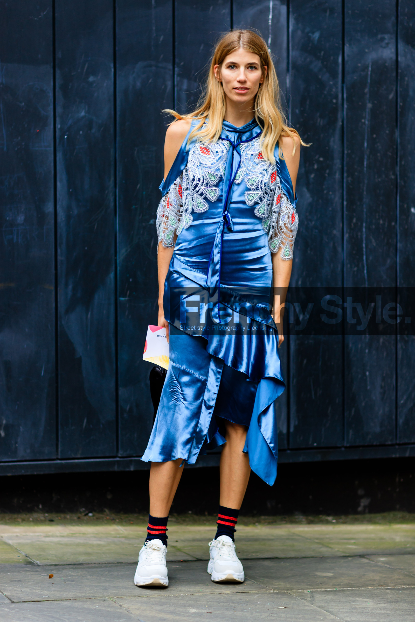 blue dress, embroidered dress, embroideries, fashion week, frenchystyle, full length, FW, jonathan paciullo, leather sneakers, LFW, LONDON, silk dress, SPRING SUMMER 2017, SS 17, street style, veronika heilbrunner, vertical, white sneakers, woman