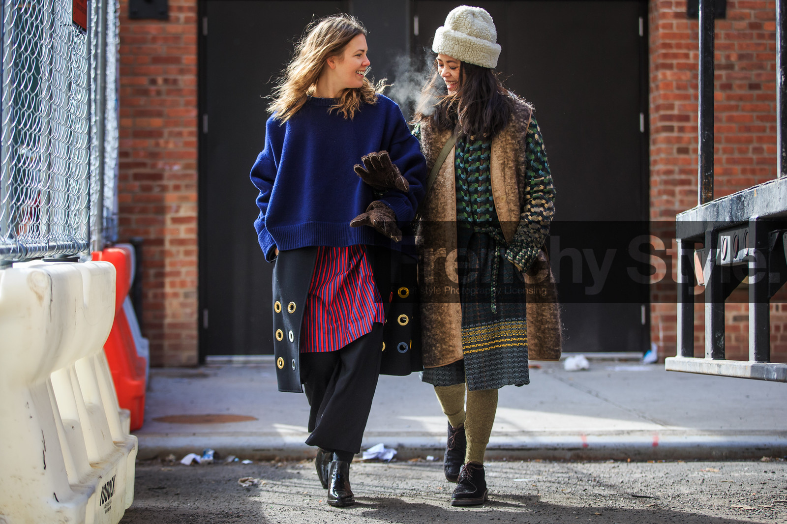 atmosphere details, AUTUMN WINTER 2016-2017, AW 16-17, black boots, black pants, blue sweater, brown jacket, embroidered dress, fashion week, frenchystyle, full length, FW, FW 16-17, green dress, horizontal, jonathan paciullo, leather boots, megan bowman grey, navy sweater, NEW YORK, NYFW, patty lu, sheep fur, street style, striped shirt, varnished leather shoes, vest, white beanie, white fur, woman, wool dress