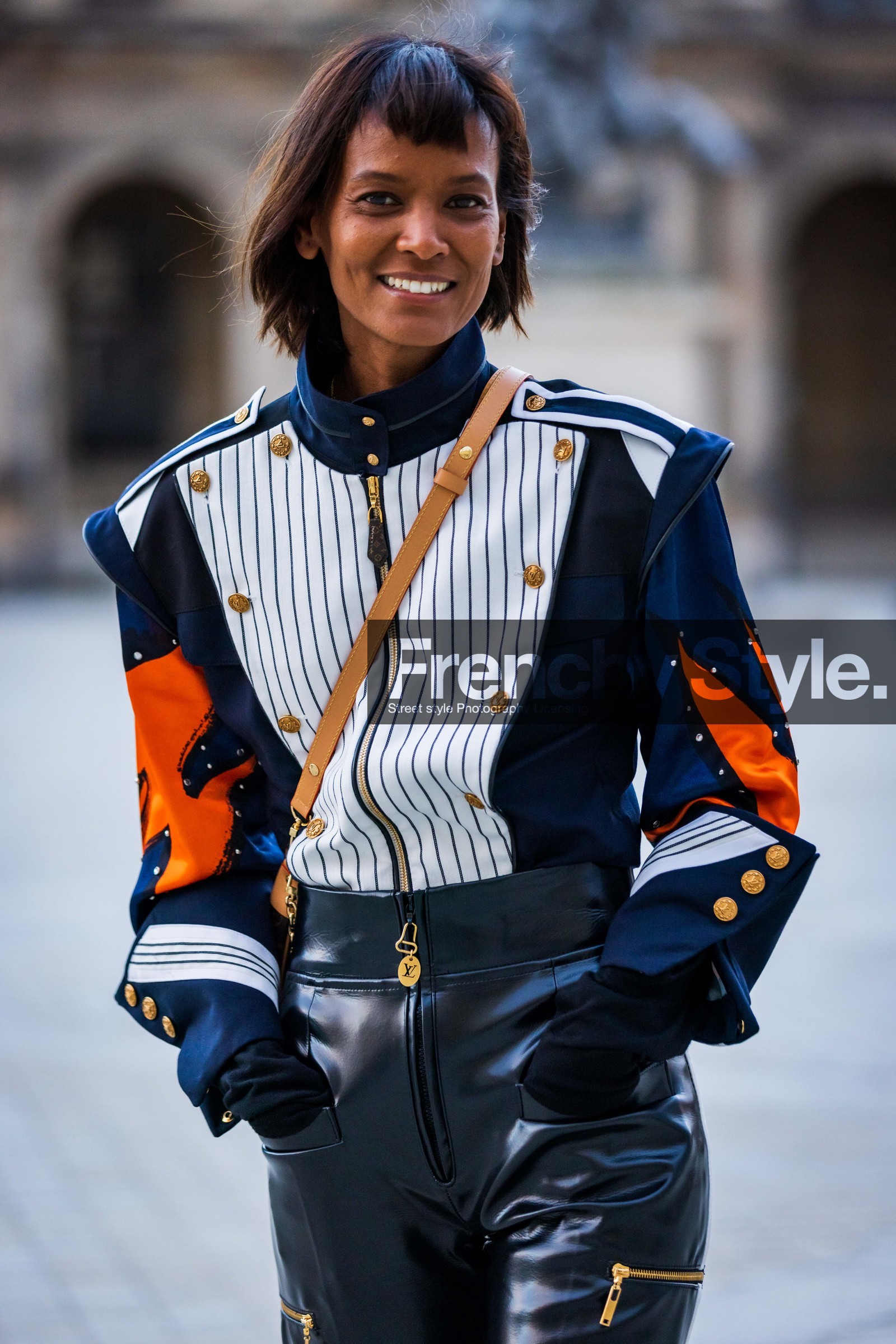 black jacket, black pants, jacket, Liya Kebede, louis vuitton look, orange jacket, pants, patent pants, printed jacket, stripes, fashion week, frenchystyle, FW, jonathan paciullo, street style, PFW, PARIS, SPRING SUMMER 2022, SS 22, vertical, atmosphere details