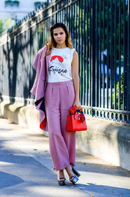 blazer, Doina Ciobanu, fashion week, frenchystyle, full length, FW, high heels, jonathan paciullo, leather bag, leather shoes, off the shoulder, PARIS, PFW, pink jacket, pink pants, printed t shirt, red bag, shiny shoes, silver shoes, SPRING SUMMER 2017, SS 17, street style, trousers, vertical, white t shirt