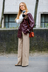 alexandra carl, asymetric, beige pants, bordeaux, burgundy, chloé, geometric, graphic shirt, leather bag, leather shirt, printed shirt, red bag, trousers, PARIS, PFW, street style, jonathan paciullo, FW, frenchystyle, fashion week, AUTUMN WINTER 2019-2020, AW 19-20, FALL WINTER 2019-2020, FW 19-20, vertical, full length