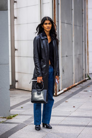 bag, black bag, black boots, black coat, blue denim, boots, coat, denim, leather bag, leather boots, leather coat, fashion week, frenchystyle, FW, jonathan paciullo, street style, PFW, PARIS, SPRING SUMMER 2022, SS 22, vertical, full length