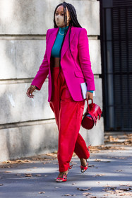 bag, blazer, blue crop top, color, crop top, facial mask, fluo pink blazer, leather bag, pants, pink blazer, red bag, red pants, red sandals, sandals, Shiona Turini, street style, jonathan paciullo, FW, frenchystyle, fashion week, PFW, PARIS, SPRING SUMMER 2022, SS 22, vertical, full length