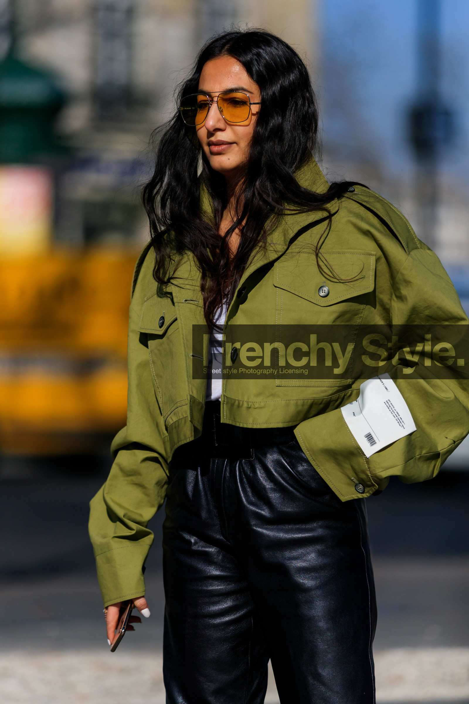black pants, green jacket, leather pants, nausheen shah, sunglasses, trousers, PARIS, PFW, street style, jonathan paciullo, FW, frenchystyle, fashion week, AUTUMN WINTER 2019-2020, AW 19-20, FALL WINTER 2019-2020, FW 19-20, vertical, atmosphere details, detail