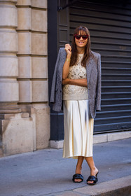 black and white, black mules, blazer, bottega veneta shoes, cateye sunglasses, houndstooth blazer, houndstooth print, knitwear, Laure Hériard-Dubreuil, mules, printed blazer, satin skirt, skirt, sunglasses, white knitwear, white skirt, fashion week, frenchystyle, FW, jonathan paciullo, street style, PFW, PARIS, SPRING SUMMER 2022, SS 22, vertical, full length