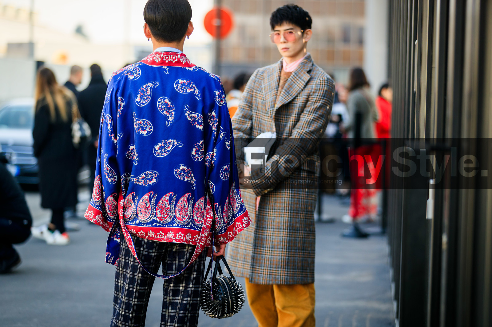 black bag, blue jacket, blue pants, checked, graphic bag, graphic jacket, graphic pants, leather bag, plaid, printed bag, printed jacket, printed pants, studs, sunglasses, trousers, fashion week, frenchystyle, FW, jonathan paciullo, street style, MFW, MILAN, AUTUMN WINTER 2019-2020, AW 19-20, FALL WINTER 2019-2020, FW 19-20, atmosphere details, detail, horizontal