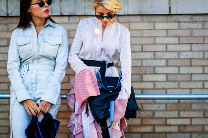atmosphere details, black bag, black belt, caro daur, detail, earrings, evangelie smyrniotaki, fashion week, frenchystyle, FW, horizontal, jonathan paciullo, leather bag, NEW YORK, NYFW, pink dress, ruffles, SPRING SUMMER 2018, SS 18, street style, striped dress, stripes, sunglasses, trousers, velvet, white jumpsuit