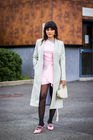 asymetric dress, bag, black tight, coat, dress, earrings, heart, leather bag, leather sandals, long coat, Maria Bernad, pink dress, pink sandals, pistachio coat, printed bag, sandals, white bag, street style, jonathan paciullo, FW, frenchystyle, fashion week, PFW, PARIS, SPRING SUMMER 2022, SS 22, vertical, full length