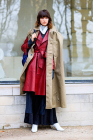 AUTUMN WINTER 2017-2018, AW 17-18, backpack, beige coat, black pants, FALL WINTER 2017-2018, fashion week, frenchystyle, full length, FW, FW 17-18, grace hartzel, high heels, hood, jonathan paciullo, leather coat, leather shoes, model, PARIS, PFW, red coat, street style, trousers, vertical, white boots, white scarf, wide pants
