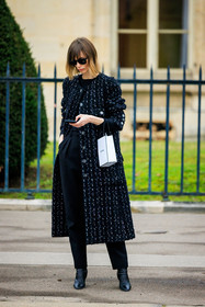 black sunglasses, black top, tweed set, chanel, black jacket, tweed jacket, tweed coat, full black look, black trousers, black shoes, black boots, haute couture, fashion week, frenchystyle, FW, jonathan paciullo, street style, PARIS, PFW, SPRING SUMMER 2022, SS 22, full length, vertical, anya ziourova