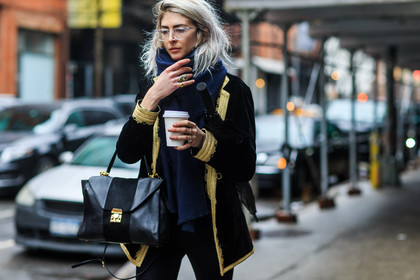 atmosphere details, AUTUMN WINTER 2016-2017, AW 16-17, black bag, black jacket, blue scarf, detail, embroidered jacket, embroideries, fashion week, frenchystyle, FW, FW 16-17, golden details, horizontal, jonathan paciullo, leather bag, NEW YORK, NYFW, oversize, street style, velvet, woman