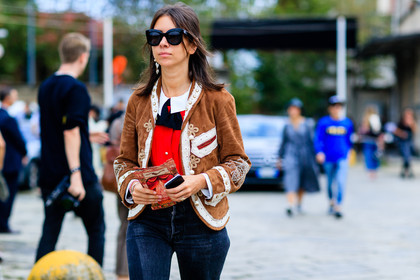 atmosphere details, blue denim, brown jacket, denim pants, detail, fashion week, frenchystyle, FW, horizontal, jeans, jonathan paciullo, MFW, MILAN, natasha goldenberg, red shirt, SPRING SUMMER 2017, SS 17, street style, suede jacket, sunglasses, trousers