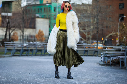 atmosphere details, AUTUMN WINTER 2016-2017, AW 16-17, black boots, dyed hair, FALL WINTER 2016-2017, fashion week, frenchystyle, full length, fur coat, fur jacket, FW, FW 16-17, horizontal, irene kim, jonathan paciullo, leather boots, metallic skirt, NEW YORK, NYFW, pink hair, pleated skirt, street style, sunglasses, white fur, woman, yellow sweater