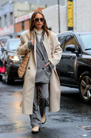 chloe loulou de saison, light beige coat, grey jacket, grey pants, white pullover, white top, striped jacket, striped pants, striped suits, turtleneck pullover, turtleneck top, beige sunglasses, beige leather bag, beige suede bag, checked bag, chain strap bag, chain details, beige suede boots, flat boots, silvered necklace, silvered earrings, hoop earrings, big chain necklace, fashion week, frenchystyle, FW, jonathan paciullo, street style, NYFW, NEW YORK, AUTUMN WINTER 2020-2021, FALL WINTER 2020-2021, FW 20-21, vertical, full length
