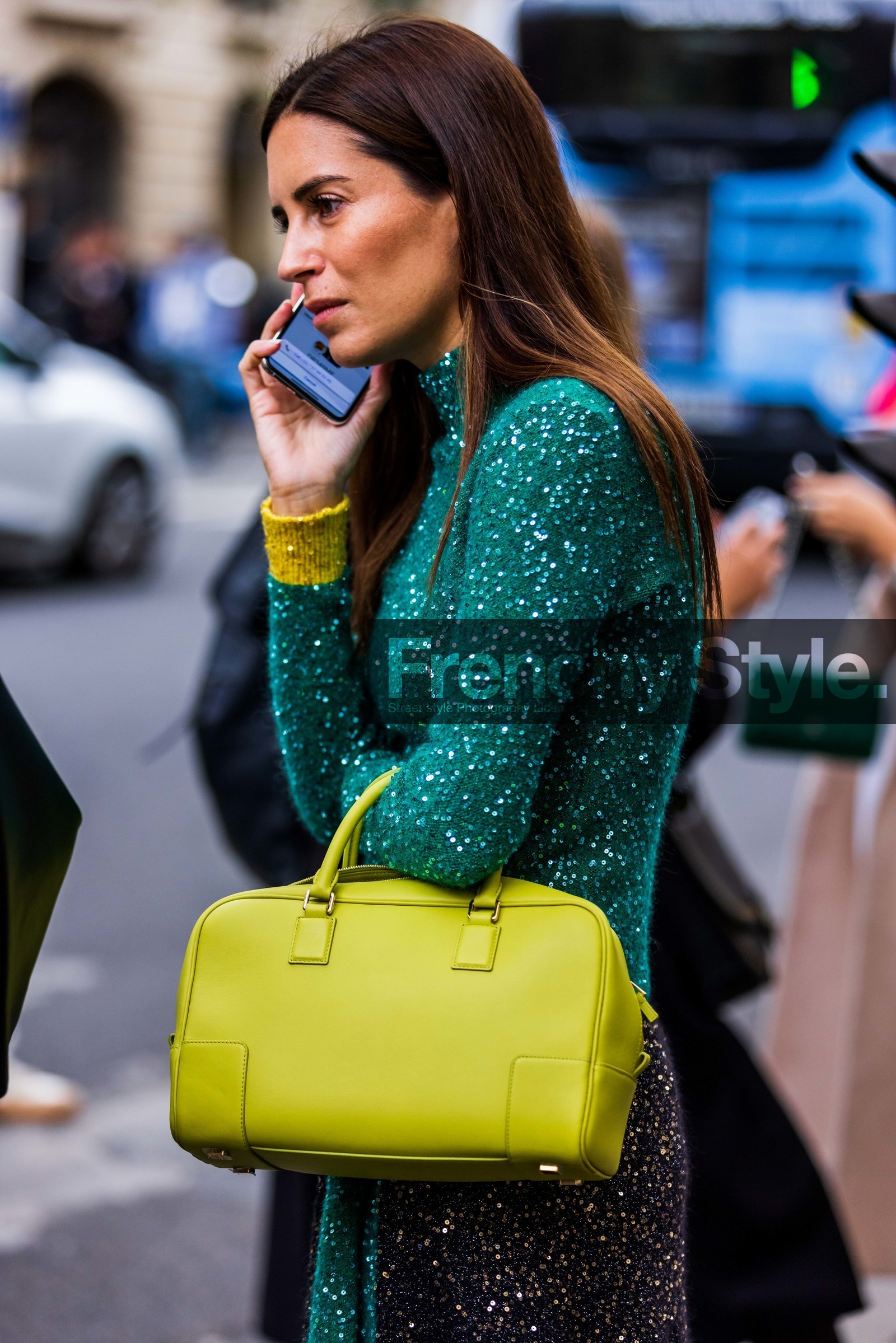 black skirt, color, Gala Gonzalez, green bag, green turtleneck, leather bag, loewe bag, sequins, smartphone, turtleneck, street style, jonathan paciullo, FW, frenchystyle, fashion week, PFW, PARIS, SPRING SUMMER 2022, SS 22, vertical, atmosphere details