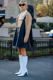 black dress, camel sweater, high boots, high heels, leather dress, leather shoes, linda tol, sunglasses, white shoes, MILAN, MFW, fashion week, frenchystyle, FW, jonathan paciullo, street style, AUTUMN WINTER 2019-2020, AW 19-20, FALL WINTER 2019-2020, FW 19-20, vertical, full length