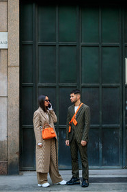 alice & j.s, beige coat, beige pants, black shoes, blazer, brown jacket, brown pants, brown suit, checked, fanny pack, fendi, graphic jacket, graphic suit, leather bag, leather shoes, monogram, orange bag, plaid, printed jacket, printed suit, sunglasses, trousers, white shoes, white t shirt, MILAN, MFW, fashion week, frenchystyle, FW, jonathan paciullo, street style, AUTUMN WINTER 2019-2020, AW 19-20, FALL WINTER 2019-2020, FW 19-20, vertical, full length