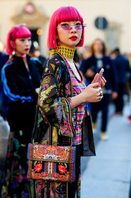 Ami and Aya Suzuki, choker, dyed hair, etro, graphic bag, graphic jacket, leather bag, multicolor bag, multicolor jacket, pink hair, printed bag, printed jacket, red lips, rings, sunglasses, yellow scarf, MILAN, MFW, fashion week, frenchystyle, FW, jonathan paciullo, street style, AUTUMN WINTER 2019-2020, AW 19-20, FALL WINTER 2019-2020, FW 19-20, vertical, atmosphere details, detail
