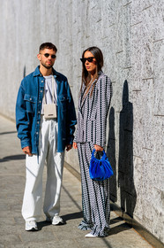 alice & j.s, black and white, blazer, blue bag, blue jacket, denim pants, graphic jacket, graphic pants, graphic suit, jacquemus, jeans, leather bag, leather shoes, printed jacket, printed pants, printed suit, sunglasses, trousers, velvet, white bag, white denim, white shoes, white sneakers, white t shirt, MILAN, MFW, fashion week, frenchystyle, FW, jonathan paciullo, street style, AUTUMN WINTER 2019-2020, AW 19-20, FALL WINTER 2019-2020, FW 19-20, vertical, full length