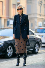 black bag, black jacket, black shoes, blazer, brown dress, high boots, high heels, leather bag, leather shoes, linda tol, polka dot, sunglasses, fashion week, frenchystyle, FW, jonathan paciullo, street style, MFW, MILAN, AUTUMN WINTER 2019-2020, AW 19-20, FALL WINTER 2019-2020, FW 19-20, vertical, full length
