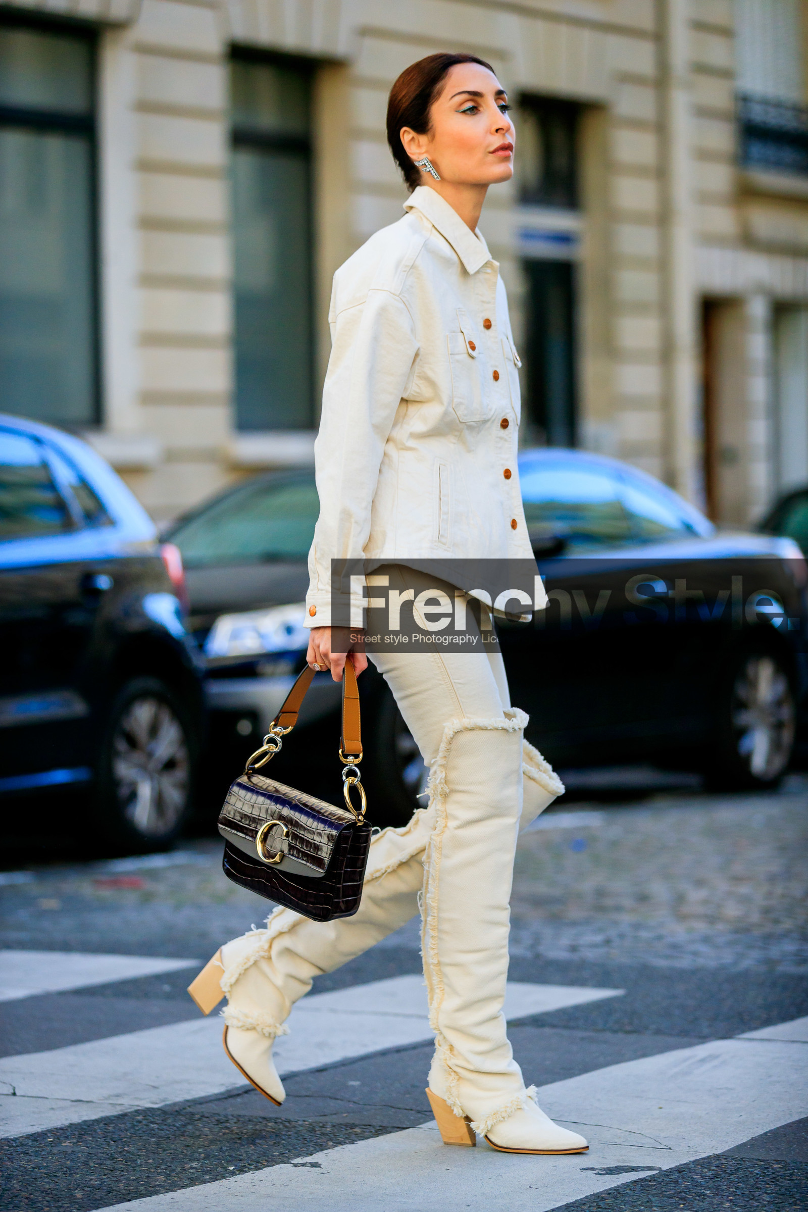 black bag, chloé, denim shirt, eva geraldine fontanelli, geraldine boublil, high boots, high heels, leather bag, leather shoes, trousers, white pants, white shirt, white shoes, fashion week, frenchystyle, FW, jonathan paciullo, street style, PFW, PARIS, AUTUMN WINTER 2019-2020, AW 19-20, FALL WINTER 2019-2020, FW 19-20, vertical, full length