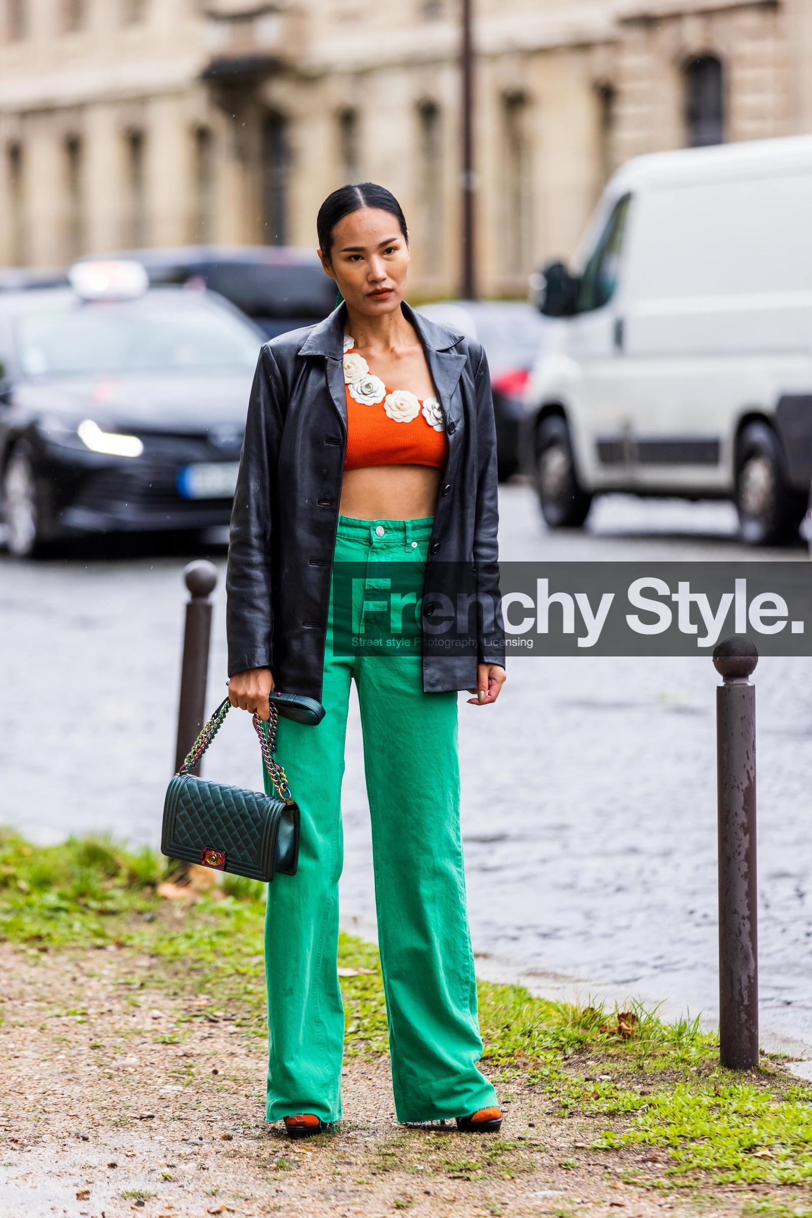 bag, black jacket, chanel bag, crop top, denim pants, flare pants, flowers, green bag, green pants, jacket, leather jacket, orange crop top, pants, quilted bag, fashion week, frenchystyle, FW, jonathan paciullo, street style, PFW, PARIS, SPRING SUMMER 2022, SS 22, vertical, full length