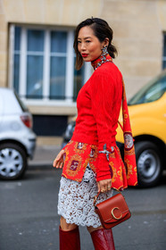 aimee song, bracelet, chloé, graphic jacket, graphic skirt, high boots, high heels, lace skirt, leather bag, leather shoes, printed jacket, printed skirt, red bag, red boots, red shirt, red sweater, white skirt, PARIS, PFW, street style, jonathan paciullo, FW, frenchystyle, fashion week, AUTUMN WINTER 2019-2020, AW 19-20, FALL WINTER 2019-2020, FW 19-20, vertical, atmosphere details, detail