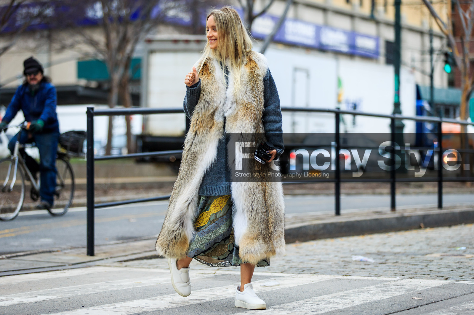 atmosphere details, AUTUMN WINTER 2016-2017, AW 16-17, Charlotte Groeneveld, fashion week, frenchystyle, full length, fur coat, FW, FW 16-17, grey sweater, horizontal, jonathan paciullo, leather slippers, long coat, natural, natural fur, NEW YORK, NYFW, sleeveless, street style, white slippers, woman