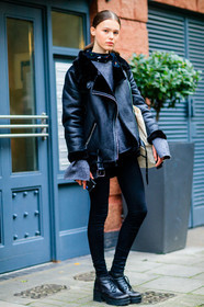 black bandana, black boots, black denim, black jacket, black pants, black perfecto, black scarf, denim pants, fashion week, frenchystyle, full length, FW, grey sweater, jeans, jonathan paciullo, leather boots, leather jacket, leather perfecto, leather shoes, LFW, LONDON, model, shearling, SPRING SUMMER 2017, SS 17, street style, tone on tone, total look black, trousers, vertical, woman