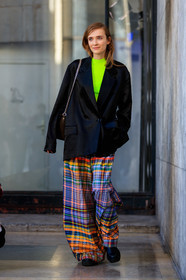 black jacket, black shoes, blazer, checked, geometric, graphic skirt, green sweater, leather bag, leather shoes, model, multicolor pants, neon, plaid, printed skirt, striped pants, wide pants, PARIS, PFW, street style, jonathan paciullo, FW, frenchystyle, fashion week, AUTUMN WINTER 2019-2020, AW 19-20, FALL WINTER 2019-2020, FW 19-20, vertical, full length