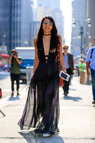 black dress, choker, dyed hair, fashion week, frenchystyle, full length, FW, graphic dress, iphone, jonathan paciullo, long dress, NEW YORK, NYFW, red bag, see through, SPRING SUMMER 2017, SS 17, street style, sunglasses, transparent, tule, vertical, woman, yuyu zhangzou