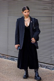 black, boots, jumpsuit, pearls, necklace, blazer, black, handbag, ring, brooch, fashion week, frenchystyle, FW, jonathan paciullo, street style, SPRING SUMMER 2022, SS 22, LFW, LONDON, vertical, full length