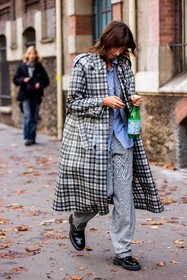 black and white, black derbies, blue shirt, check, checked trenchcoat, derbies, grey pants, grey trenchcoat, print, printed pants, printed trenchcoat, shirt, striped shirt, stripes, suits, tartan blazer, tartan pants, tartan suits, trenchcoat, fashion week, frenchystyle, FW, jonathan paciullo, street style, PFW, PARIS, SPRING SUMMER 2022, SS 22, vertical, full length