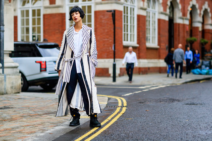 atmosphere details, black boots, black pants, caterpillar, fashion week, frenchystyle, full length, FW, graphic coat, horizontal, jonathan paciullo, leather boots, LFW, LONDON, oversize, printed coat, red lips, SPRING SUMMER 2017, SS 17, street style, striped coat, stripes, trousers, white coat, white shirt, woman
