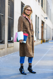 AUTUMN WINTER 2016-2017, AW 16-17, black boots, blue, blue denim, brown, brown coat, brown fur, denim pants, fashion week, fishnet, frenchystyle, full length, fur coat, FW, FW 16-17, geometric, graphic clutch, jeans, jonathan paciullo, leather boots, leather clutch, multicolor, multicolor bag, NEW YORK, NYFW, patchwork, pernille teisbaek, pink, red, street style, sunglasses, trousers, varnished leather shoes, vertical, vêtements, woman