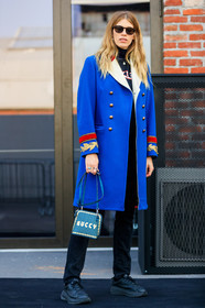 black denim, black shoes, black sneakers, blue coat, denim pants, golden details, graphic bag, green bag, gucci, jeans, leather bag, leather shoes, printed bag, sunglasses, trousers, fashion week, frenchystyle, FW, jonathan paciullo, street style, MFW, MILAN, AUTUMN WINTER 2018-2019, FALL WINTER 2018-2019, FW 18-19, vertical, full length, veronika heilbrunner