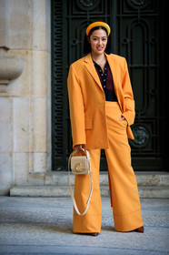 beige bag, blazer, headband, leather bag, orange jacket, orange pants, orange suit, Tiffany Hsu, trousers, PARIS, PFW, street style, jonathan paciullo, FW, frenchystyle, fashion week, AUTUMN WINTER 2019-2020, AW 19-20, FALL WINTER 2019-2020, FW 19-20, vertical, full length