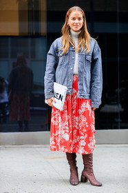 balenciaga, beige sweater, black denim, bronze, denim jacket, fur bag, graphic bag, graphic skirt, high heels, leather bag, leather shoes, printed bag, printed skirt, red skirt, shiny boots, white bag, street style, jonathan paciullo, FW, frenchystyle, fashion week, NYFW, NEW YORK, AUTUMN WINTER 2018-2019, AW 18-19, FALL WINTER 2018-2019, FW 18-19, vertical, full length