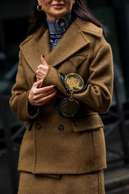 bag, black and white, black bag, close up, coat, detail, khaki coat, khaki skirt, loewe bag, prada turtleneck, printed turtleneck, skirt, statement bag, turtleneck, wool coat, wool skirt, fashion week, frenchystyle, FW, jonathan paciullo, street style, PFW, PARIS, SPRING SUMMER 2022, SS 22, vertical, atmosphere details