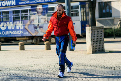 gmbh, leather shoes, orange sweater, red jacket, sleeveless, trousers, white shoes, MILAN, MFW, fashion week, frenchystyle, FW, jonathan paciullo, street style, AUTUMN WINTER 2019-2020, AW 19-20, FALL WINTER 2019-2020, FW 19-20, atmosphere details, full length, horizontal