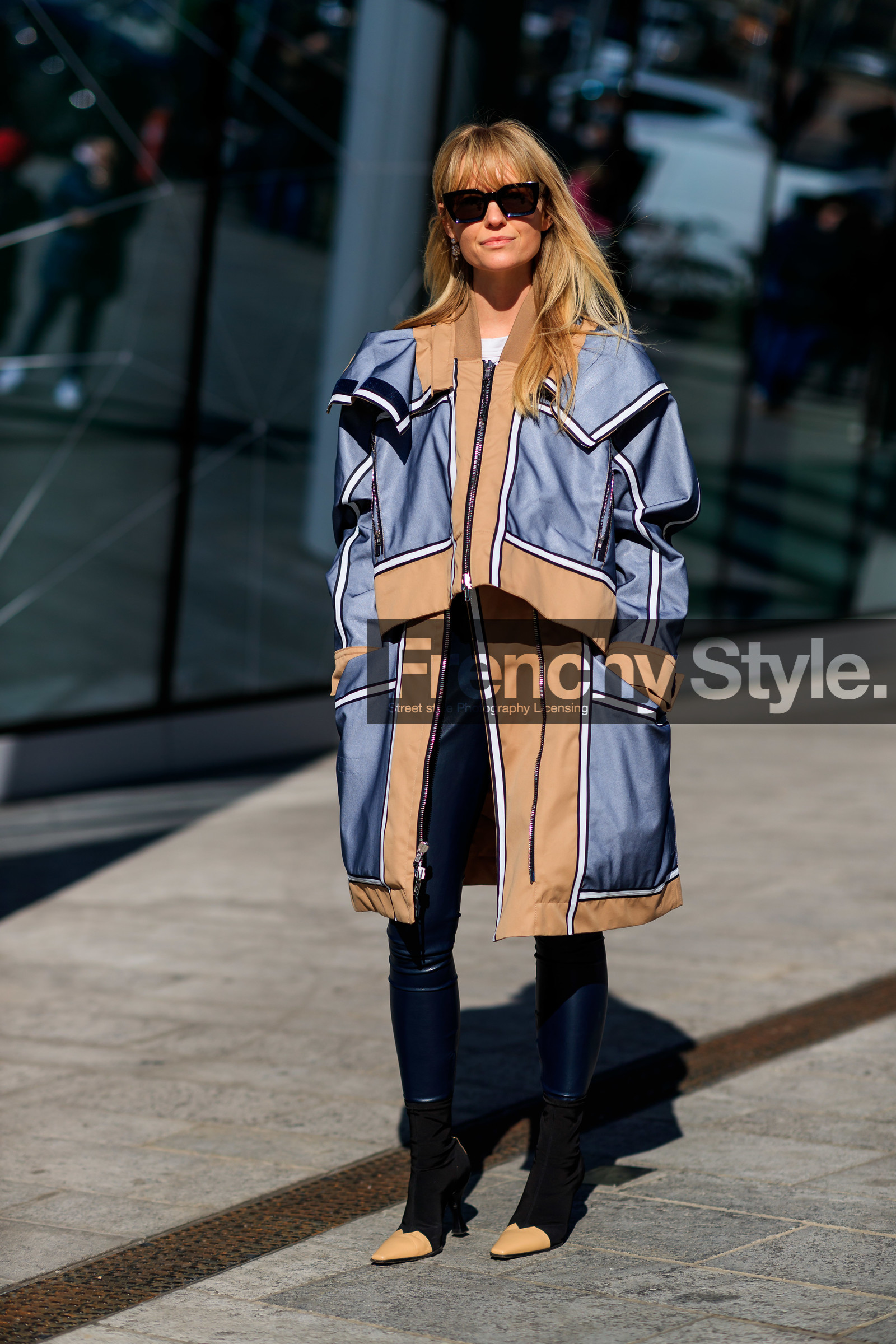 black leggings, black shoes, céline, graphic jacket, grey coat, high heels, jeanette madsen, leather shoes, printed jacket, sunglasses, trousers, MILAN, MFW, fashion week, frenchystyle, FW, jonathan paciullo, street style, AUTUMN WINTER 2019-2020, AW 19-20, FALL WINTER 2019-2020, FW 19-20, vertical, full length