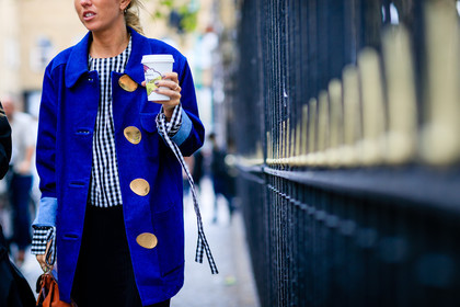 atmosphere details, black and white, black pants, blue coat, check shirt, detail, fashion week, frenchystyle, FW, gingham, golden details, graphic top, horizontal, jonathan paciullo, LFW, LONDON, plaid, SPRING SUMMER 2017, SS 17, street style, trousers, woman