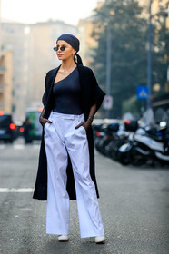 asymetric, black coat, black scarf, black top, caro daur, earrings, headscarf, leather shoes, one shoulder, sunglasses, trousers, white pants, white shoes, street style, jonathan paciullo, FW, frenchystyle, fashion week, MFW, MILAN, AUTUMN WINTER 2019-2020, AW 19-20, FALL WINTER 2019-2020, FW 19-20, vertical, full length