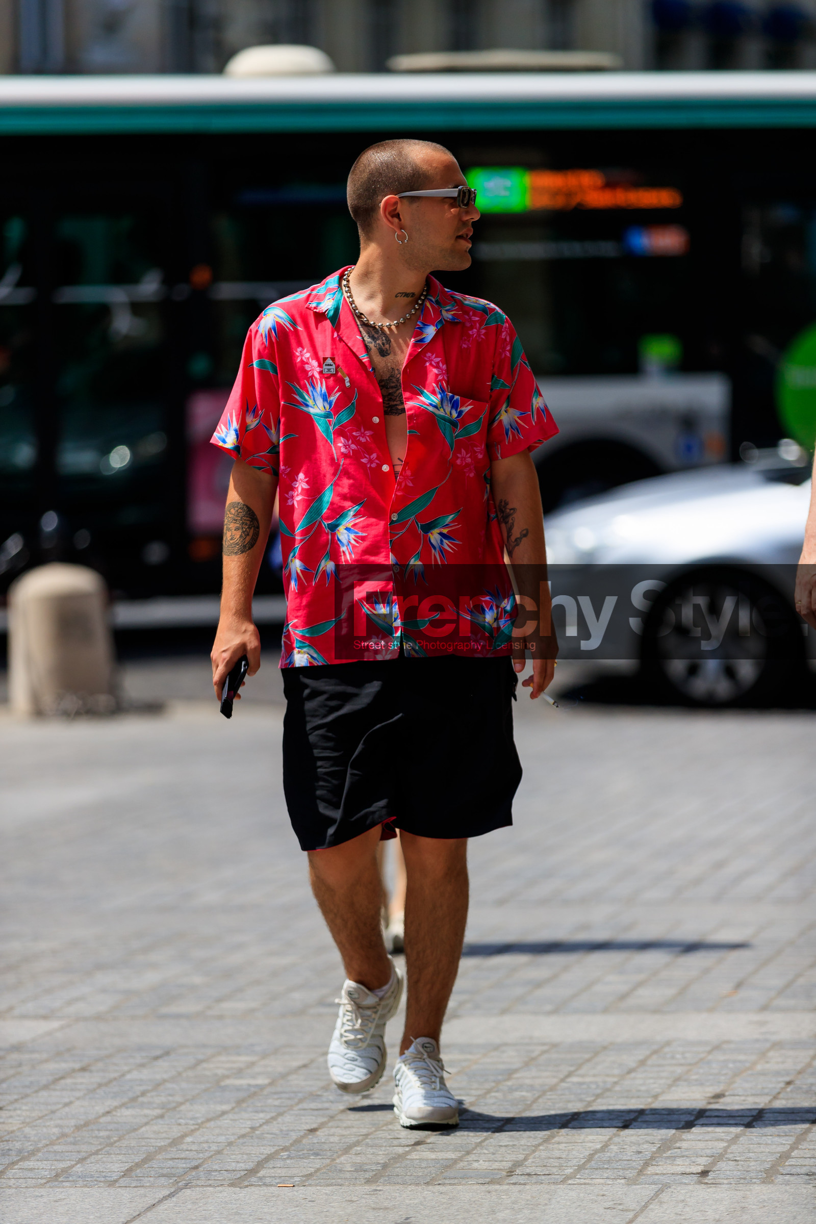black shorts, fashion week, frenchystyle, full length, FW, jonathan paciullo, leather shoes, marc goehring, MENSWEAR, necklace, PARIS, PFW, printed shirt, red shirt, SPRING SUMMER 2018, SS 18, street style, sunglasses, tattoos, vertical, white sneakers