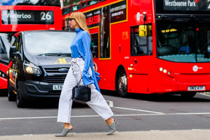 atmosphere details, black and white shoes, black bag, blue shirt, denim pants, fashion week, frenchystyle, full length, FW, gingham, graphic shoes, high heels, high waist, horizontal, jeans, jonathan paciullo, leather bag, leather shoes, LFW, lisa aiken, LONDON, printed shoes, SPRING SUMMER 2018, SS 18, street style, trousers, white denim