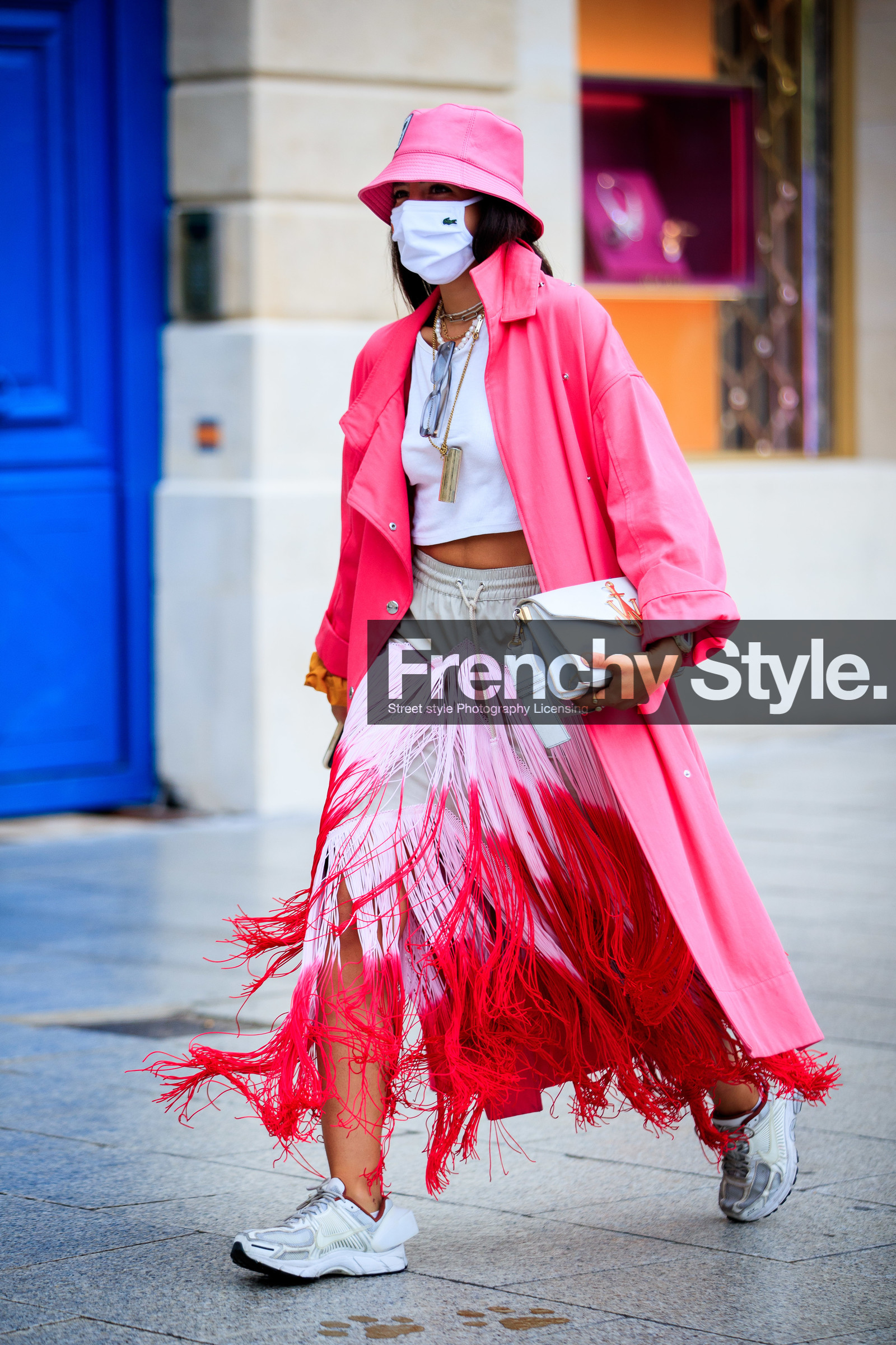 selma kaci, pink trench coat, pink skirt, fringe skirt, long skirt, tie and dye skirt, white leather bag, j w anderson bag, pink hat, white top, white t-shirt, white sneakers, nike shoes, covid face mask, lacoste, fashion week, frenchystyle, FW, jonathan paciullo, street style, PFW, PARIS, SPRING SUMMER 2021, SS 21, vertical, full length