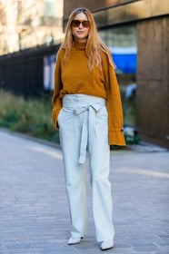 camel sweater, high waist, leather pants, leather shoes, pernille teisbaek, sunglasses, trousers, white pants, white shoes, PARIS, PFW, street style, jonathan paciullo, FW, frenchystyle, fashion week, AUTUMN WINTER 2019-2020, AW 19-20, FALL WINTER 2019-2020, FW 19-20, vertical, full length